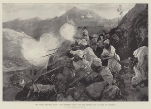 El levantamiento de la frontera india, los tribus disparando al campamento británico en Bagh al anochecer